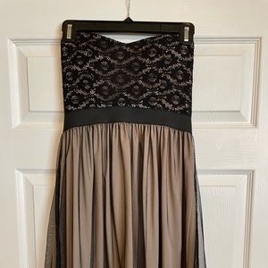 Mystic strapless mini dress with sweetheart neckline.